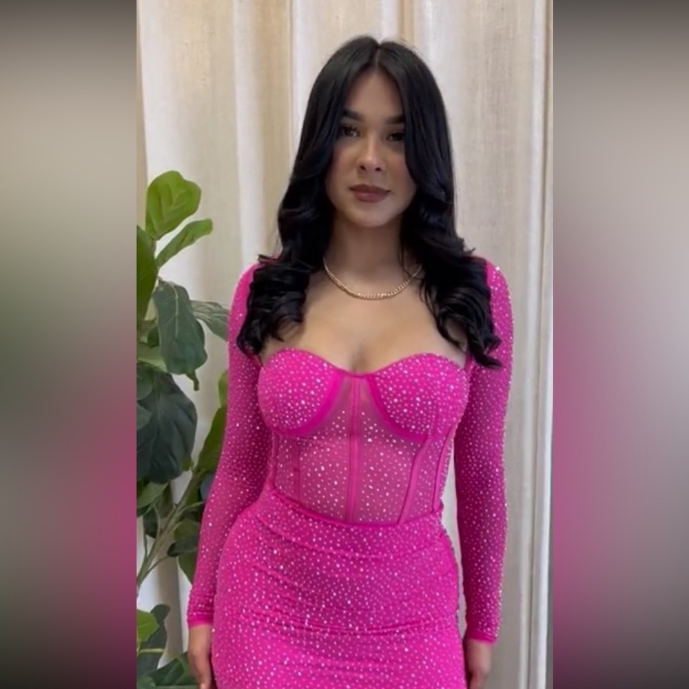 Pink Sheer Rhinestone Long Sleeve Top